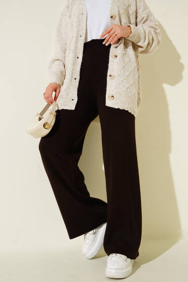 Bol Paça Triko Pantolon Kestane - Yılın Fırsatı