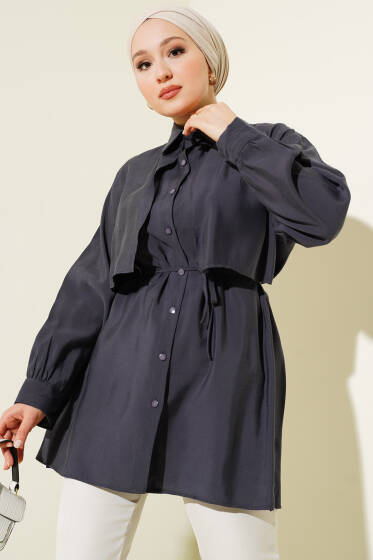 Bolero Detaylı İp Kuşaklı Tensel Gömlek Füme - Gömlek