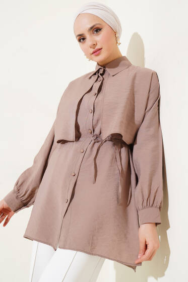 Bolero Detaylı İp Kuşaklı Tensel Gömlek Latte - Gömlek