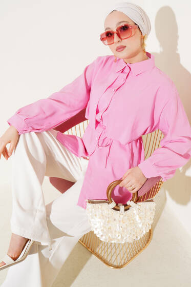 Bolero Detaylı İp Kuşaklı Tensel Gömlek Pembe - Gömlek