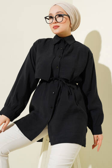 Bolero Detaylı İp Kuşaklı Tensel Gömlek Siyah - Gömlek