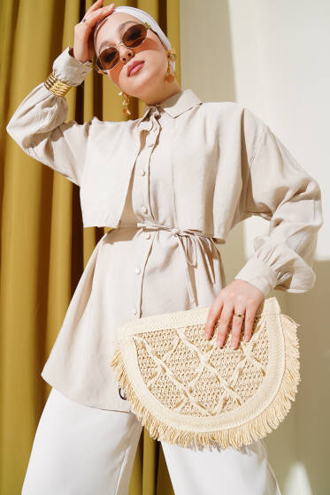 Bolero Detaylı İp Kuşaklı Tensel Gömlek Taş - Gömlek