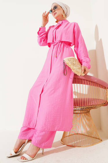 Bolero Detaylı Uzun Tunik İkili Takım Pembe - İkili Takım