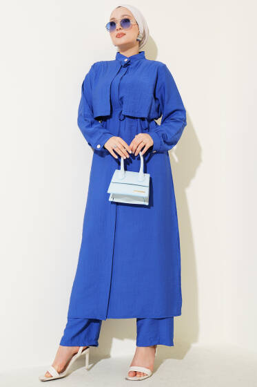 Bolero Detaylı Uzun Tunik İkili Takım Saks - İkili Takım