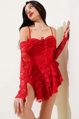 Bolerolu Dantelli Mini Elbise Kırmızı - Kadın Giyim Modelleri