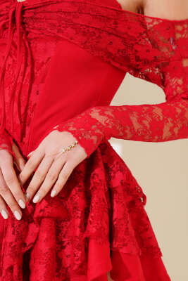 Bolerolu Dantelli Mini Elbise Kırmızı - Kadın Giyim Modelleri