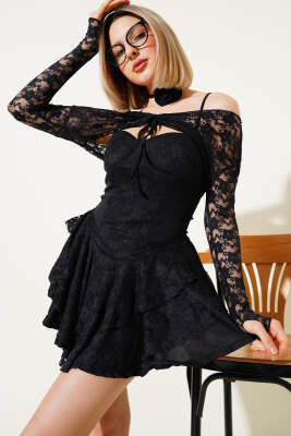 Bolerolu Dantelli Mini Elbise Siyah