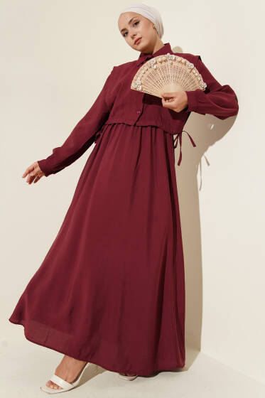 Boleronlu Beli Lastikli Elbise Bordo - Elbise