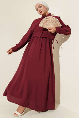 Boleronlu Beli Lastikli Elbise Bordo - Tesettür Elbise