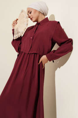 Boleronlu Beli Lastikli Elbise Bordo - Tesettür Elbise
