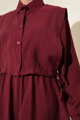 Boleronlu Beli Lastikli Elbise Bordo - Tesettür Elbise