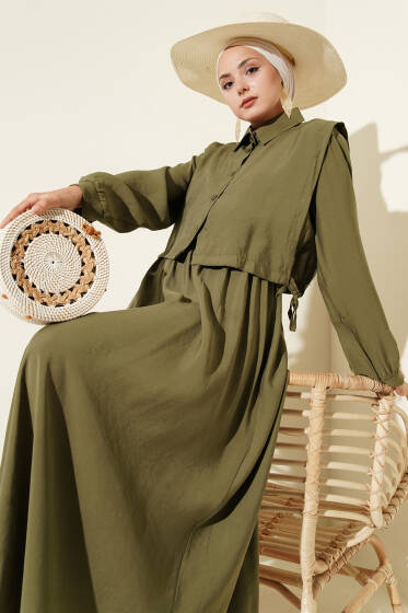 Boleronlu Beli Lastikli Elbise Haki - Elbise