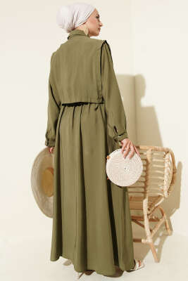 Boleronlu Beli Lastikli Elbise Haki - Tesettür Elbise