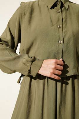 Boleronlu Beli Lastikli Elbise Haki - Tesettür Elbise