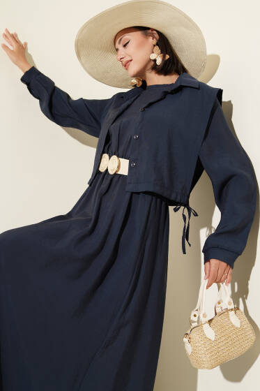 Boleronlu Beli Lastikli Elbise Lacivert - Elbise