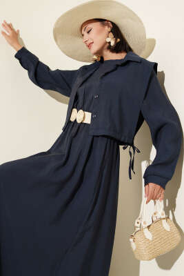 Boleronlu Beli Lastikli Elbise Lacivert 