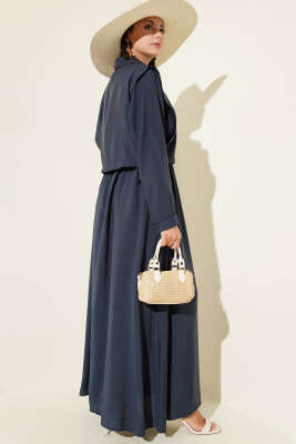 Boleronlu Beli Lastikli Elbise Lacivert - Tesettür Elbise