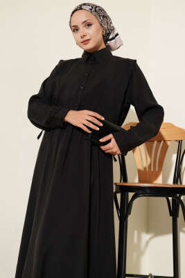 Boleronlu Beli Lastikli Elbise Siyah - Tesettür Elbise