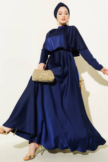 Boleronlu Saten Abiye Elbise Lacivert - Tesettür Elbise
