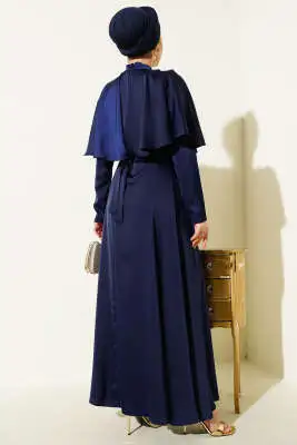 Boleronlu Saten Abiye Elbise Lacivert - Tesettür Elbise