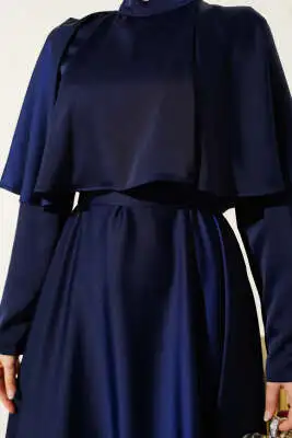 Boleronlu Saten Abiye Elbise Lacivert - Tesettür Elbise