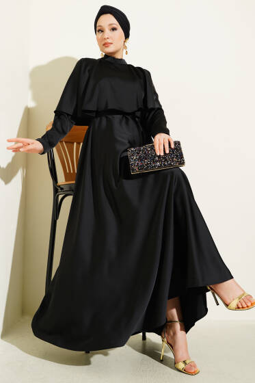 Boleronlu Saten Abiye Elbise Siyah - Elbise
