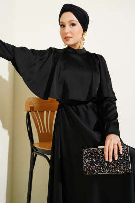 Boleronlu Saten Abiye Elbise Siyah - Tesettür Elbise