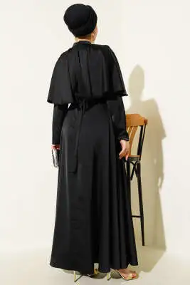 Boleronlu Saten Abiye Elbise Siyah - Tesettür Elbise