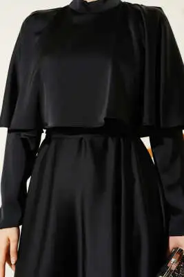 Boleronlu Saten Abiye Elbise Siyah - Tesettür Elbise