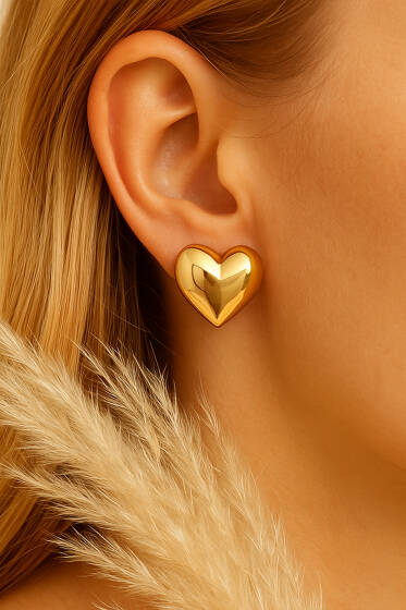 Bombeli Büyük Kalp Küpe Gold - Küpe