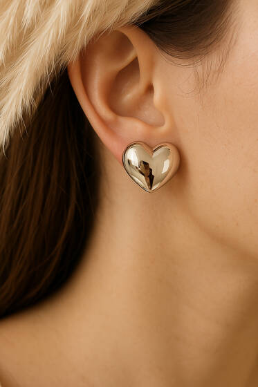 Bombeli Büyük Kalp Küpe Gümüş - Küpe