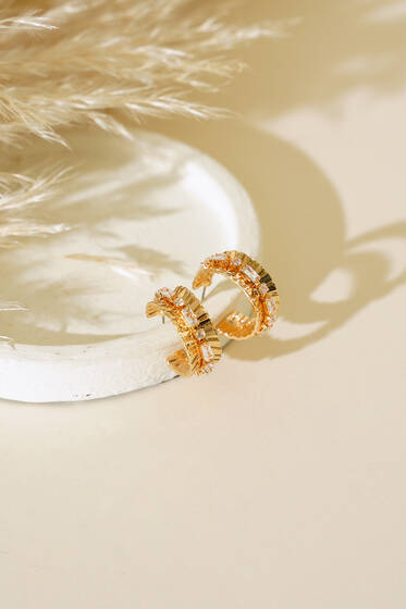 Bombeli Taşlı Küpe Gold - Küpe