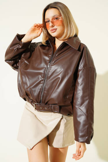 Bomber Kemer Detaylı Deri Ceket Kahve - Kadın Giyim Modelleri