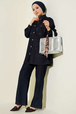 Boncuk Detaylı Cepli Kot İkili Takım Lacivert - EFSUN MODA