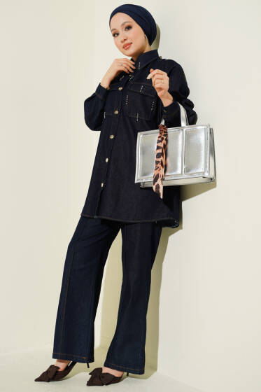 Boncuk Detaylı Cepli Kot İkili Takım Lacivert - İkili Takım
