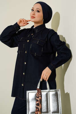 Boncuk Detaylı Cepli Kot İkili Takım Lacivert - İkili Takım