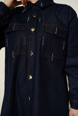 Boncuk Detaylı Cepli Kot İkili Takım Lacivert - İkili Takım