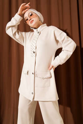 Boncuk Detaylı Scuba İkili Takım Bej 