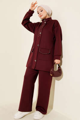Boncuk Detaylı Scuba İkili Takım Bordo - Scuba Ürünler