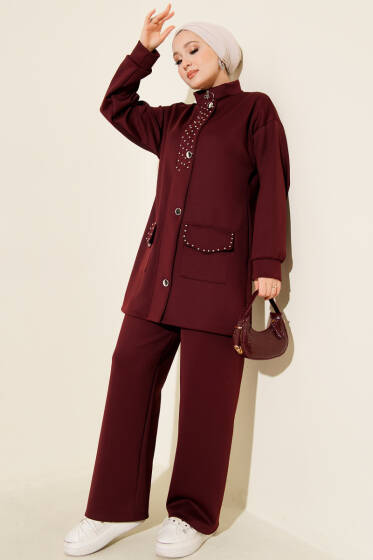 Boncuk Detaylı Scuba İkili Takım Bordo - Scuba Ürünler