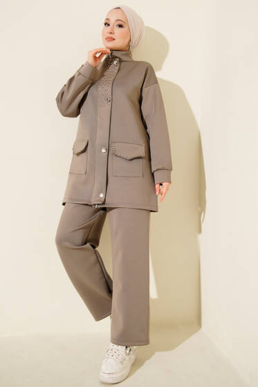 Boncuk Detaylı Scuba İkili Takım Vizon - Scuba Ürünler