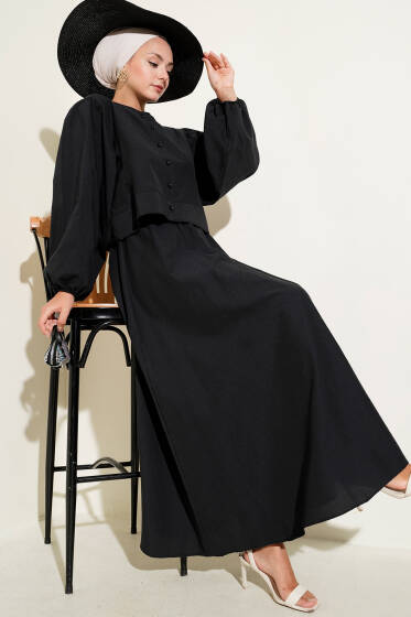 Boncuk Düğmeli Etekli İkili Takım Siyah - İkili Takım