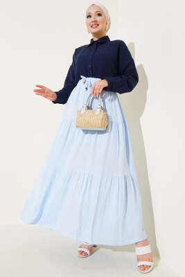 Boncuk İp Detaylı Etek Mavi - Uzun Etek