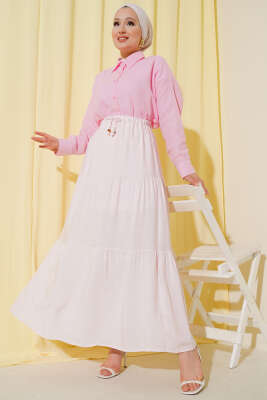 Boncuk İp Detaylı Etek Pembe - Uzun Etek