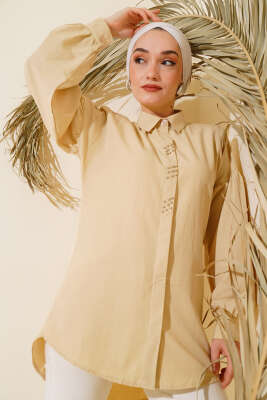 Boncuk İşlemeli Gömlek Bej - Tunik