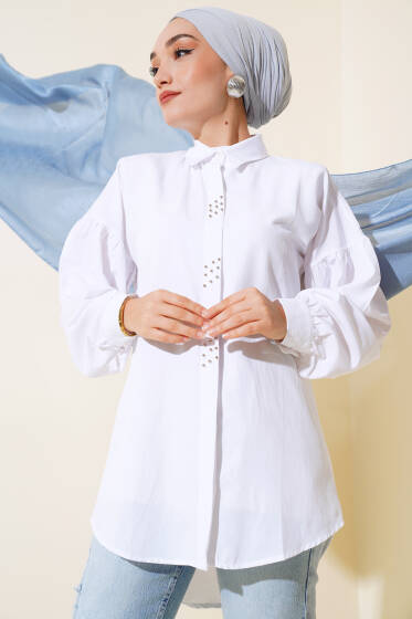 Boncuk İşlemeli Gömlek Beyaz - Gömlek