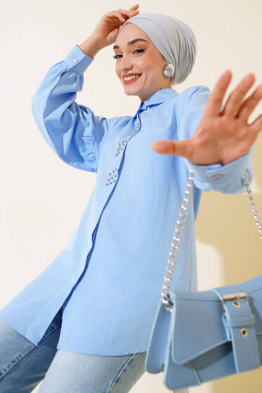 Boncuk İşlemeli Gömlek Buz Mavisi - Gömlek