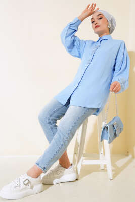 Boncuk İşlemeli Gömlek Buz Mavisi - Tunik