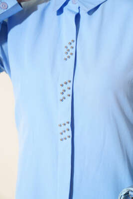 Boncuk İşlemeli Gömlek Buz Mavisi - Tunik