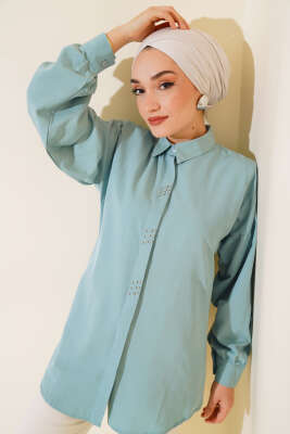 Boncuk İşlemeli Gömlek Çağla Yeşili - ASMİN